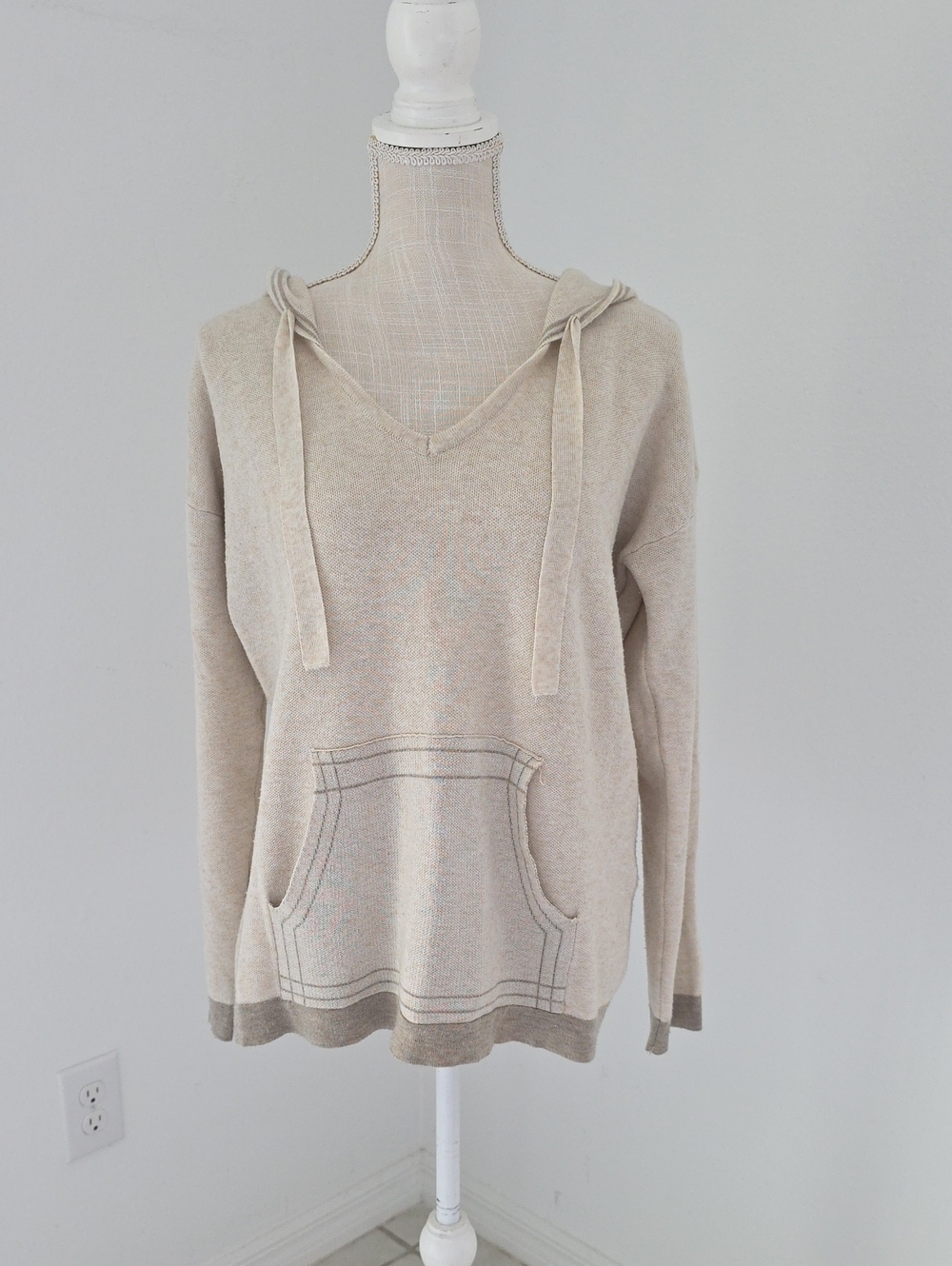 Mystree Neutral Beige V-Neck Hoodie with Front Pocket